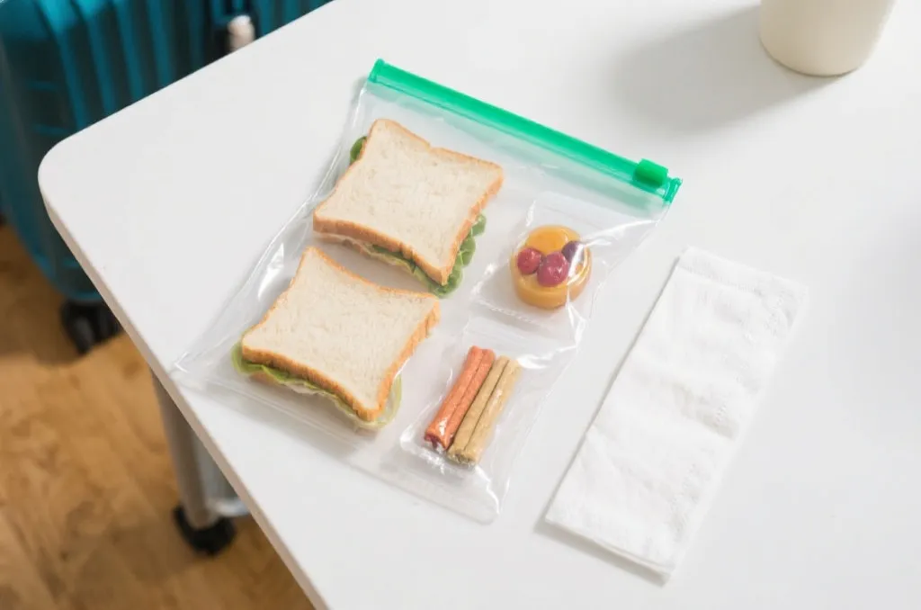 透明袋中分装好的便携食物和标签